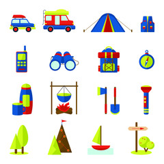Set of 16 stylish vector icons for tourism, adventure, camping: equipment, clothing, nature, transport isolated on white background