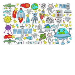 Vector set of space elements icons in doodle style. Painted, colorful, pictures on a piece of paper on white background.