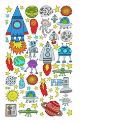 Vector set of space elements icons in doodle style. Painted, colorful, pictures on a piece of paper on white background.