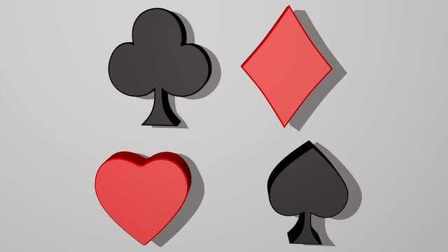 Playing card suit, animated 3d card pips, red heart, red diamond, black club, black spade. Card symbols moving, rotating. Casino advertisement or business metaphora. Full HD video