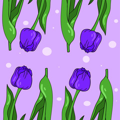 Vector colorful seamless pattern with leaf and tulip. Leaf and flower on purple cute background. Wallpaper and textile idea. Wrapping paper design. Good for printing.