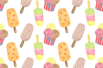 Watercolor seamless pattern on the white background, ice cream isolated object on the white background, simple ornament, food illustration for any purposes