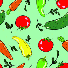 Seamless vector pattern with tomato, cucumber, carrot and pepper on green background. Wallpaper and textile design. Good for printing.