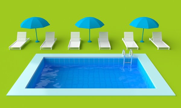 Swimming pool with Beach chair and umbrella. 3d rendering