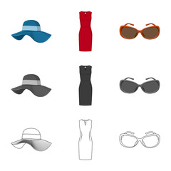 Vector illustration of woman and clothing sign. Set of woman and wear vector icon for stock.