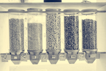Dispensers for bulk shopping with various eco ingredients encouraging zero waste lifestyle.