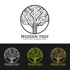 modern tree logo sign with abstract shape line in circle vector art design