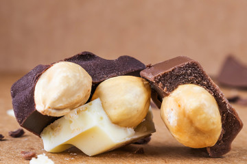 Chunks of milk, white and dark chocolate with hazelnuts close-up. Photo in warm colors. Sweetness. World chocolate day