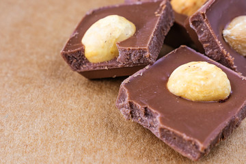 Slices of milk chocolate with hazelnuts close-up. Photo in warm colors. Sweetness. World chocolate day