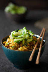 Traditional Burmese or Myanmar fried rice with shallots, turmeric and fresh cucumber strips mixed with chopped green onions and vinegar has been stir-fried in a wok and perfect for vegan. close-up