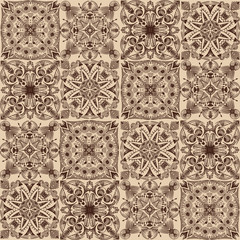 Vector golden tribal symmetric tiled seamless pattern on dark background.