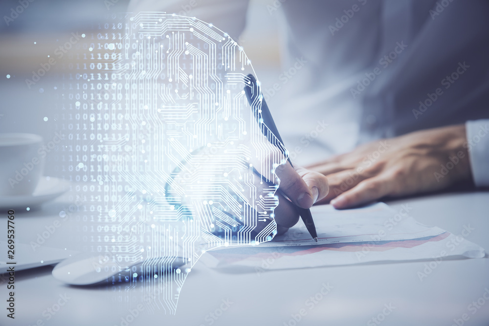 Poster Man with multi exposure brain theme icons.