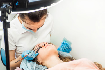 Eyelash lamination procedure. Staining, curling, laminating, lash lift. Eyelash Extension....