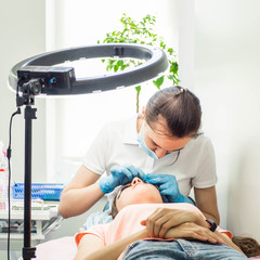 Eyelash lamination procedure. Staining, curling, laminating, lash lift. Eyelash Extension....