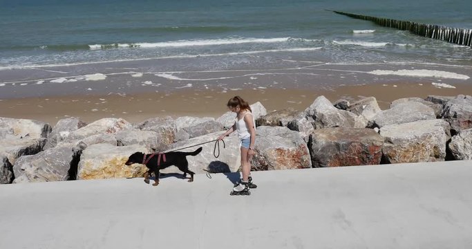 beautiful young girl doing roller skating with her dog