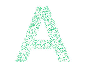 Letter A, green leaves. Floral decorative typography. Decorative English alphabet