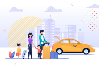 Happy Family Trip and Taxi Service Illustration