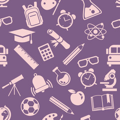Vector Seamless Pattern of School Icons on Purple Background