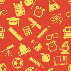 Vector Seamless Pattern of Yellow School Icons on Red Background