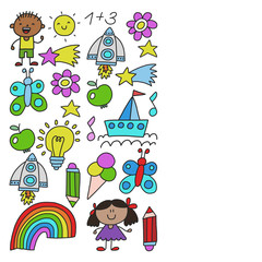 Children garden, Patern, Hand drawn children garden elements pattern, doodle illustration, Vector, illustration, Vertical.
