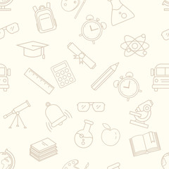 Vector Seamless Pattern with Outline School Icons on Beige Background