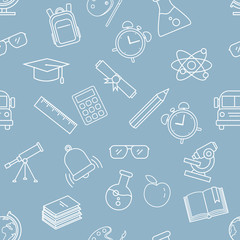 Vector Seamless Pattern with White Outline School Icons on Blue Background