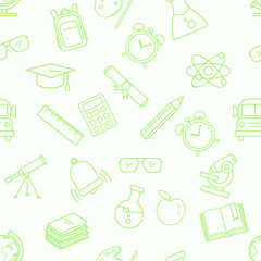 Vector Seamless Pattern with GreenOutline School Icons on White Background