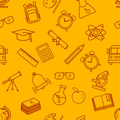 Vector Seamless Pattern with Red Outline School Icons on Yellows Background