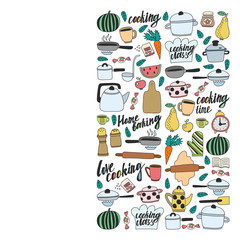 Vector set of children's kitchen and cooking drawings icons in doodle style. Painted, colorful, pictures on a piece of paper on white background.
