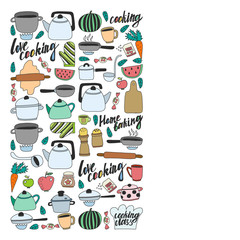 Vector set of children's kitchen and cooking drawings icons in doodle style. Painted, colorful, pictures on a piece of paper on white background.