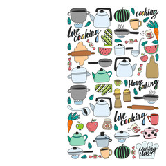 Vector set of children's kitchen and cooking drawings icons in doodle style. Painted, colorful, pictures on a piece of paper on white background.