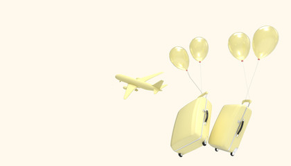 Luggage bag Airplane Yellow pastel and Concept  Modern Art  and Summer- holidays on Yellow background  - 3d rendering