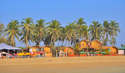 Temporary beach huts in Agonda beach, Goa. - obrazy, fototapety, plakaty