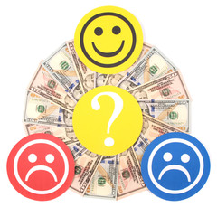Question mark between smiley and sad smiley on mandala kaleidoscope from money.