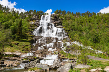 Tvidefossen waterfall in spring. Voss, Norway.