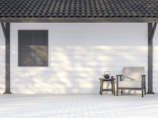 Black and white exterior wall 3d render,There are white wood plank wall,darkgray window, poles and roof ,Decorate with white fabric chair,Sunlight shining to the wall with tree shadow. - obrazy, fototapety, plakaty