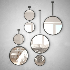 Fototapeta na wymiar Round mirrors hanging on the wall reflecting interior design scene, minimalist scandinavian bedroom, modern architecture concept idea