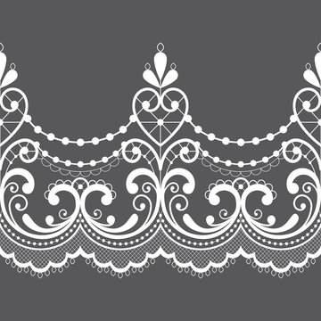 Alencon French seamless lace vector pattern, openwork ornament textile or embroidery design in white on gray background