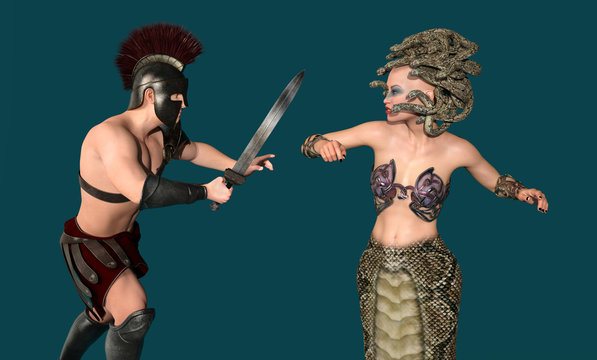 Herakles vertreibt im Schattenreich des Hades mit dem Schwert die Medusa