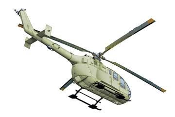 Drawing of a green helicopter taking off on white background, isolated.
