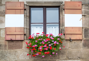 Fototapeta na wymiar Vintage window with flowers and shutters