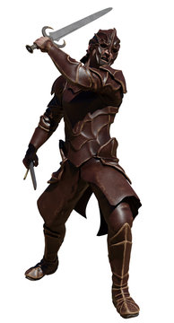 Fantasy illustration of a swordsman wearing leather armour attacking with two swords, 3d digitally rendered illustration