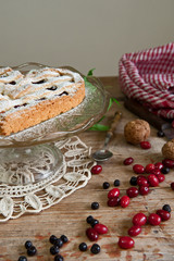 Cheery pie with heart shapes. Woman decoration homemade  cake.