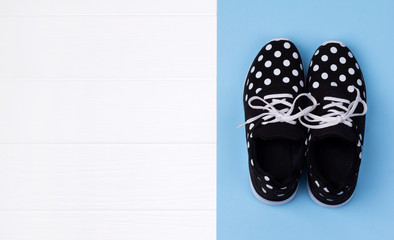 Female sneakers with copy space. Creative flat lay