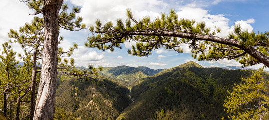 Panoramalandschaft in den Bergen mit Tal. Panorama landscape in the mountains with valley.