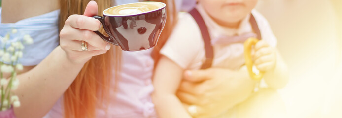 Cup of coffee with beautiful Latte art.hot latte coffee put on wooden table in cafe restaurant, stylish toning, place for text.