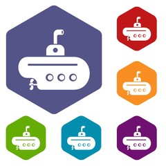 Bathyscaphe with periscope icons vector colorful hexahedron set collection isolated on white