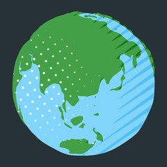 Asia and Australia on globe with green land and blue water