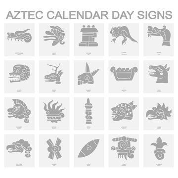 set of monochrome icons with Aztec calendar Day signs