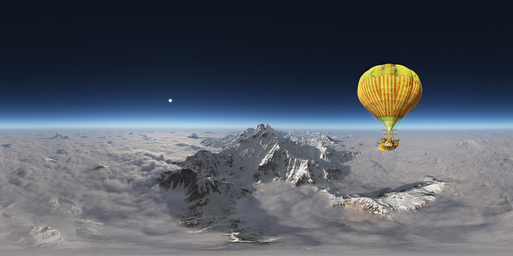 360 Grad Ansicht mit einem Fantasie Heißluftballon über einem bewölkten Bergpanorama